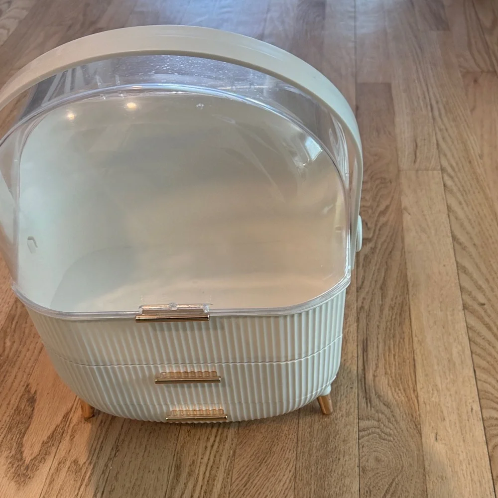 Cream Cosmetic Organizer with Clear Dome Lid and gold accents